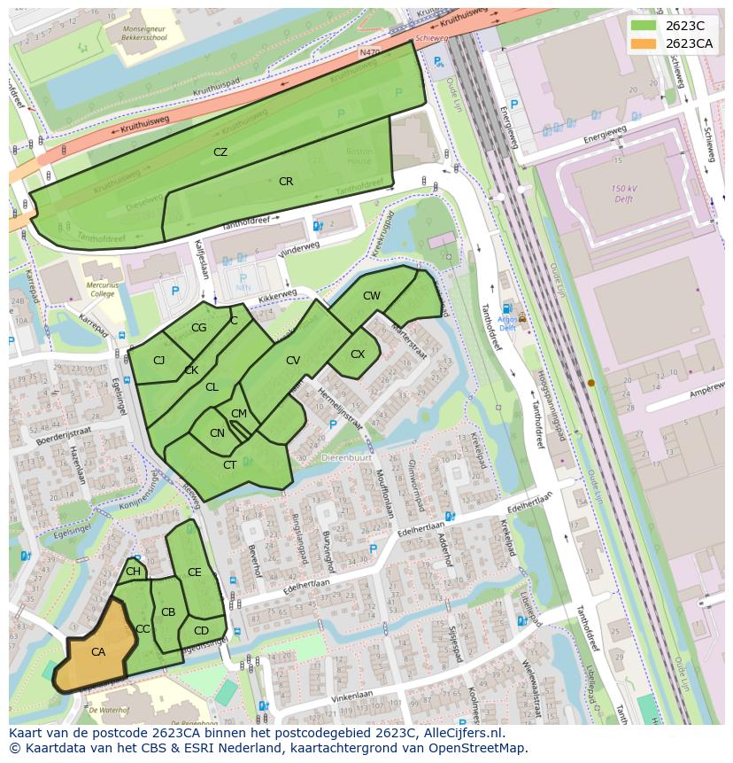 Afbeelding van het postcodegebied 2623 CA op de kaart.