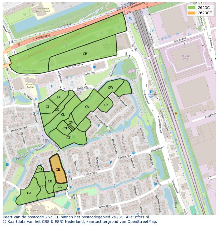 Afbeelding van het postcodegebied 2623 CE op de kaart.