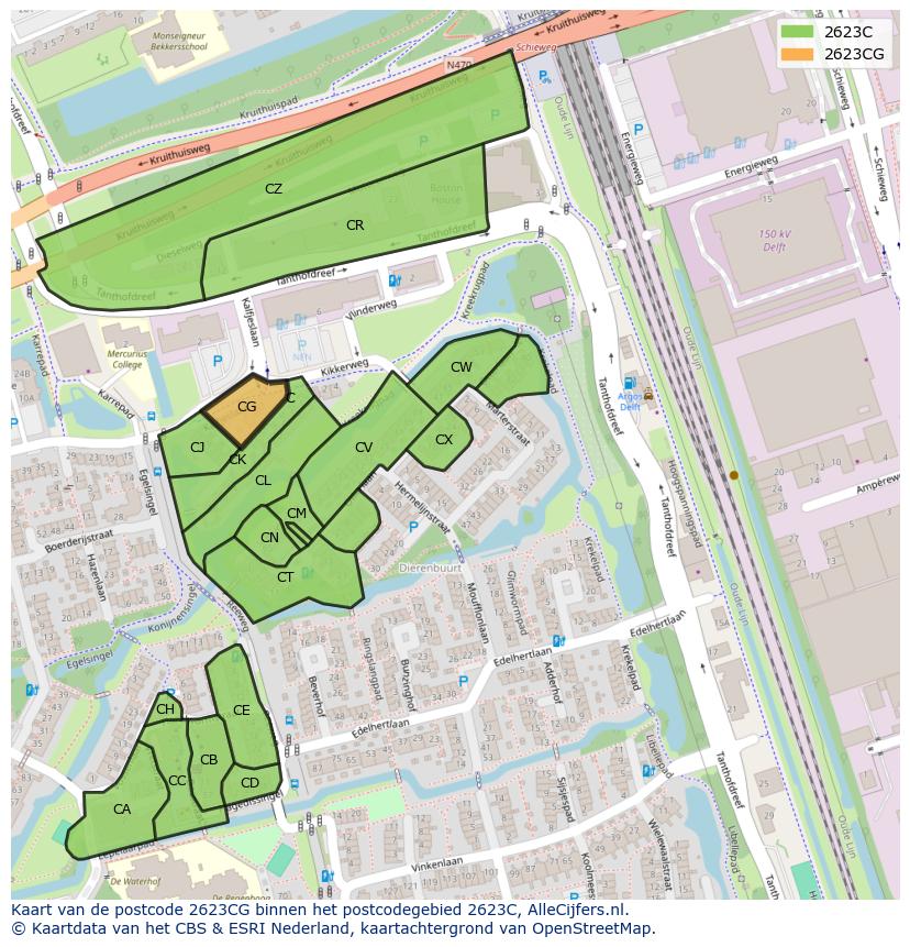 Afbeelding van het postcodegebied 2623 CG op de kaart.
