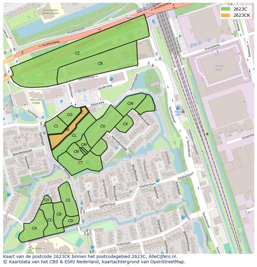 Afbeelding van het postcodegebied 2623 CK op de kaart.