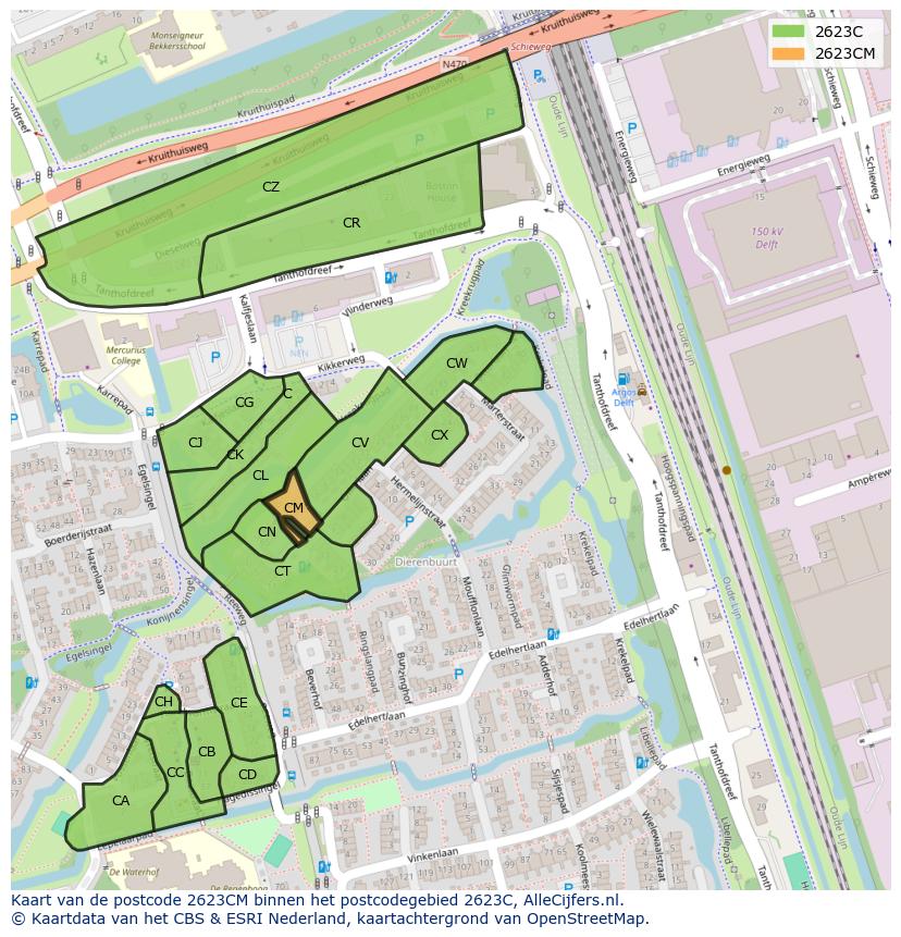 Afbeelding van het postcodegebied 2623 CM op de kaart.