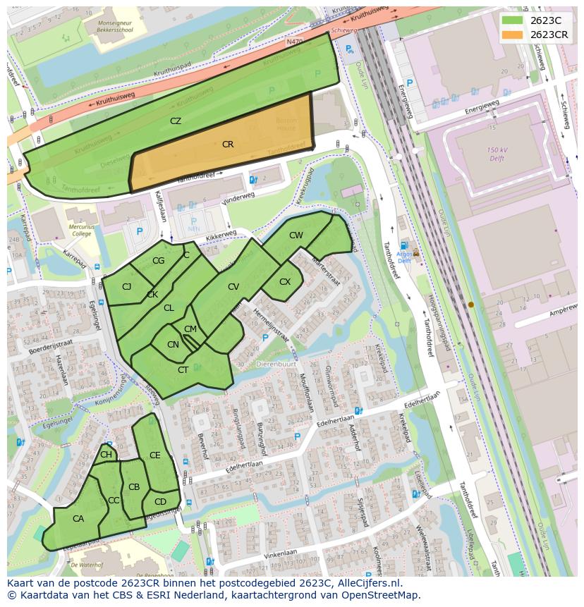 Afbeelding van het postcodegebied 2623 CR op de kaart.