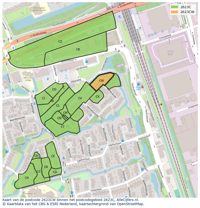 Afbeelding van het postcodegebied 2623 CW op de kaart.
