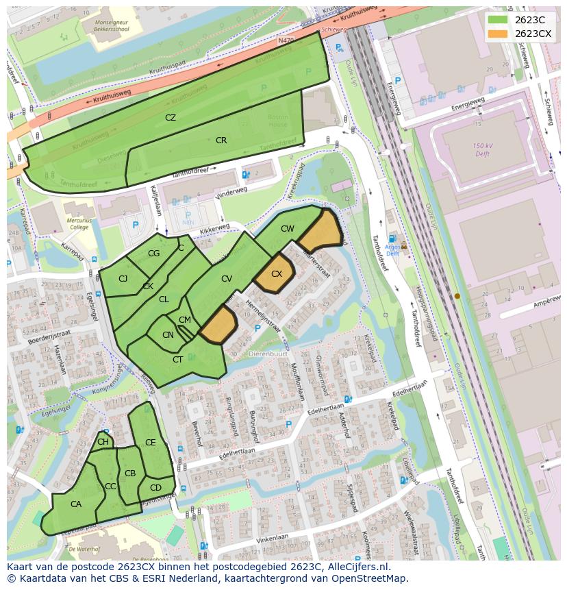 Afbeelding van het postcodegebied 2623 CX op de kaart.