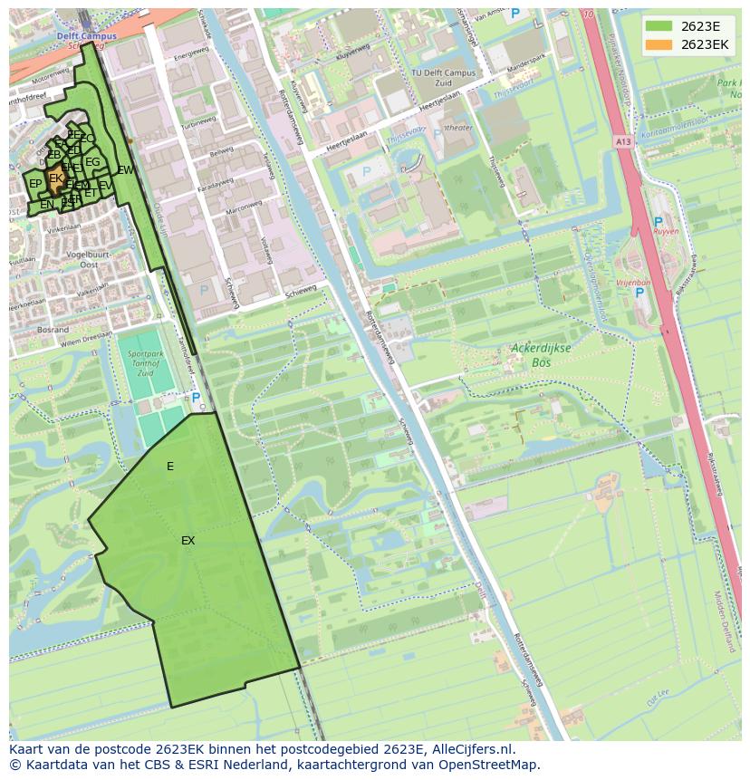 Afbeelding van het postcodegebied 2623 EK op de kaart.