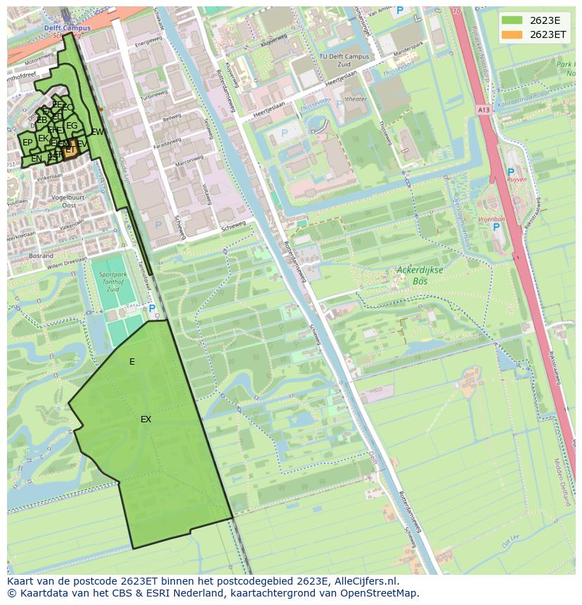 Afbeelding van het postcodegebied 2623 ET op de kaart.