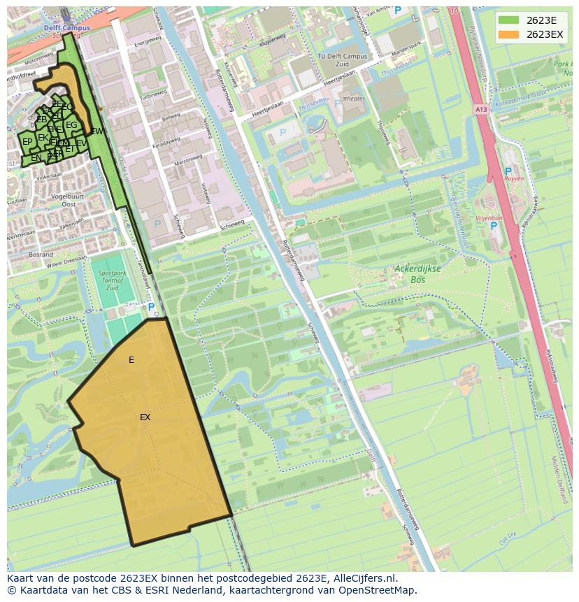 Afbeelding van het postcodegebied 2623 EX op de kaart.
