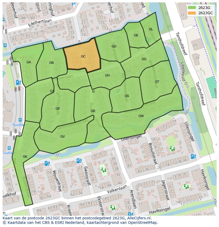 Afbeelding van het postcodegebied 2623 GC op de kaart.