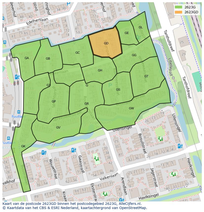 Afbeelding van het postcodegebied 2623 GD op de kaart.
