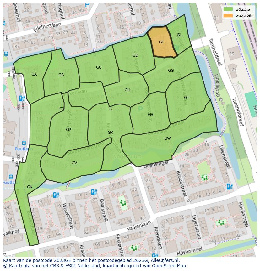 Afbeelding van het postcodegebied 2623 GE op de kaart.