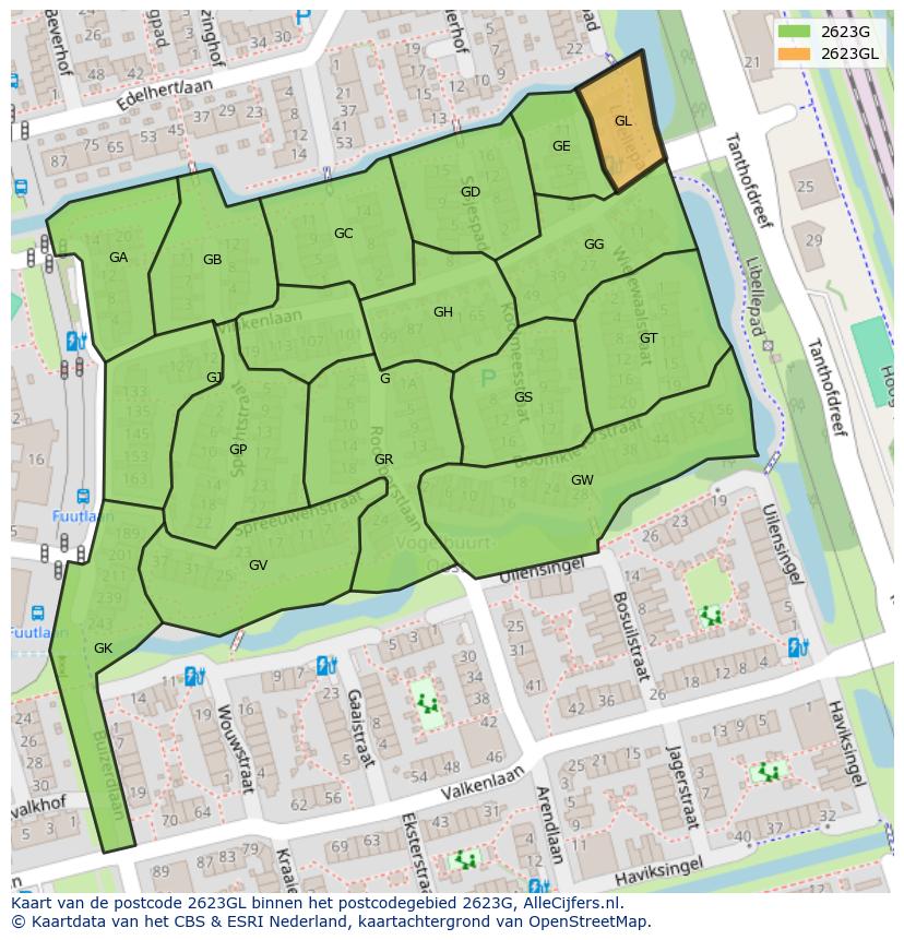 Afbeelding van het postcodegebied 2623 GL op de kaart.