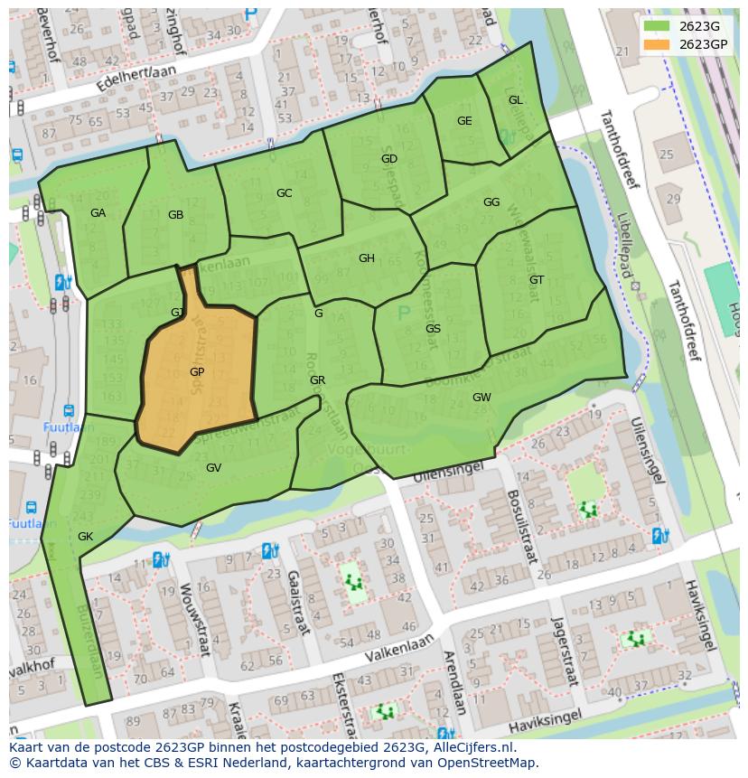 Afbeelding van het postcodegebied 2623 GP op de kaart.