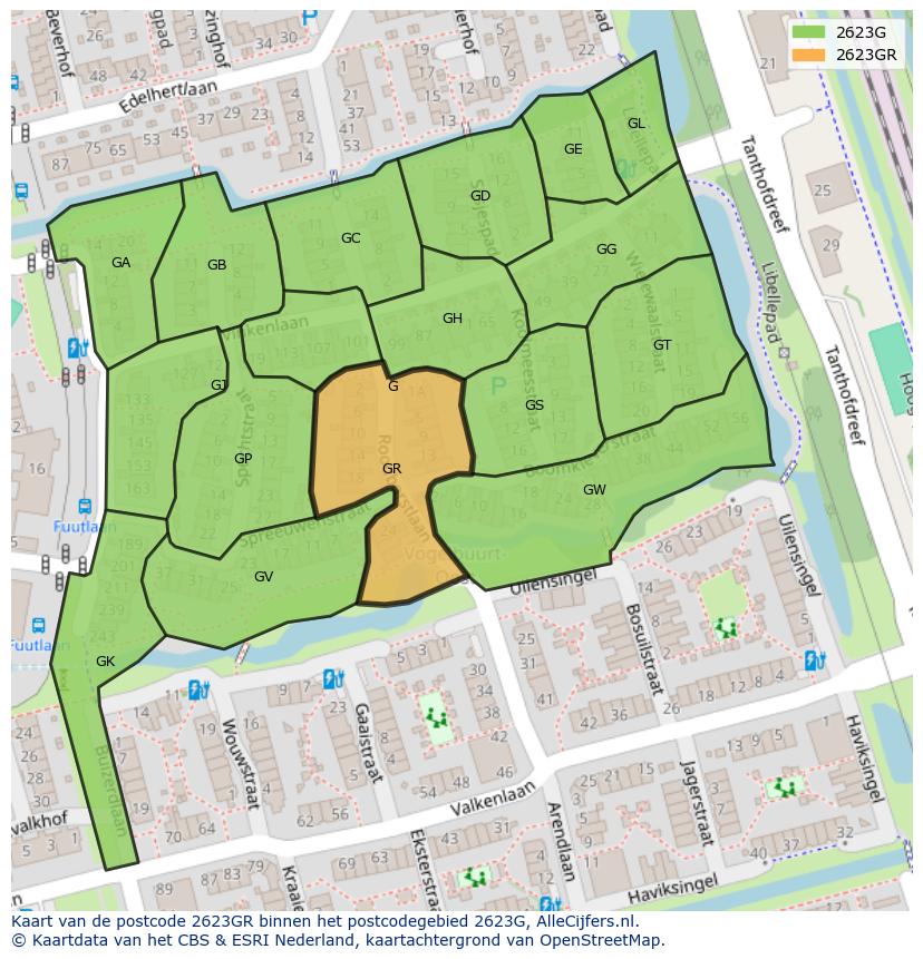 Afbeelding van het postcodegebied 2623 GR op de kaart.