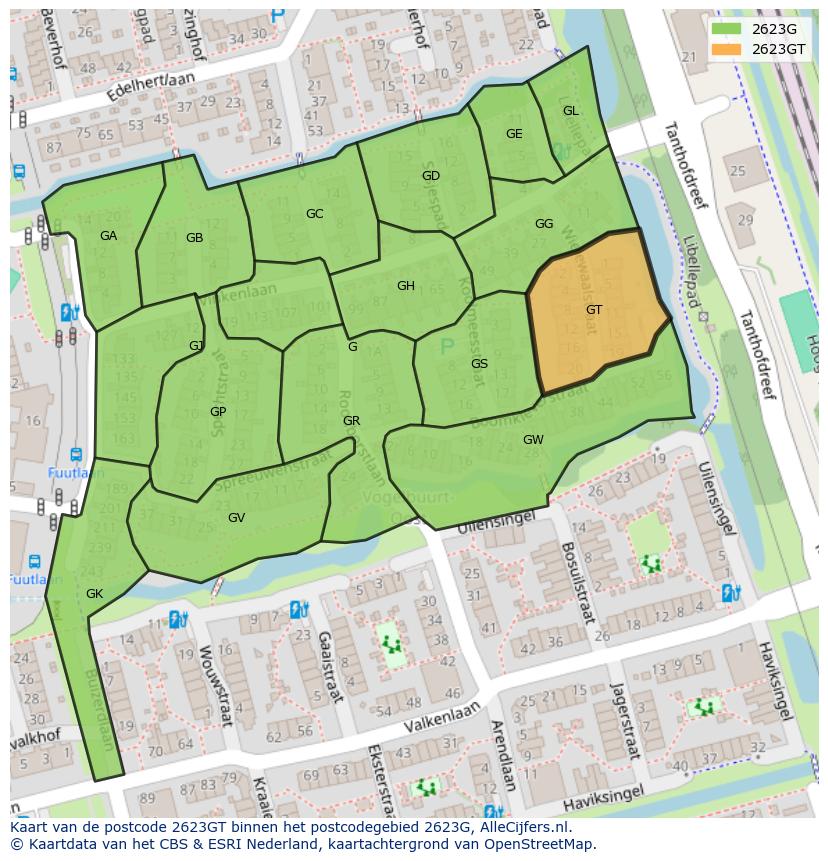 Afbeelding van het postcodegebied 2623 GT op de kaart.