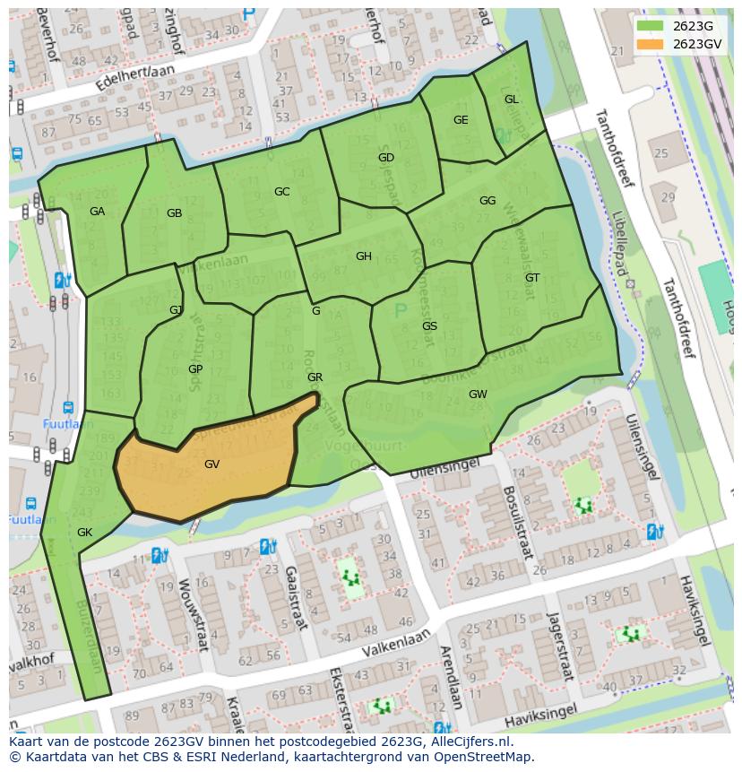 Afbeelding van het postcodegebied 2623 GV op de kaart.