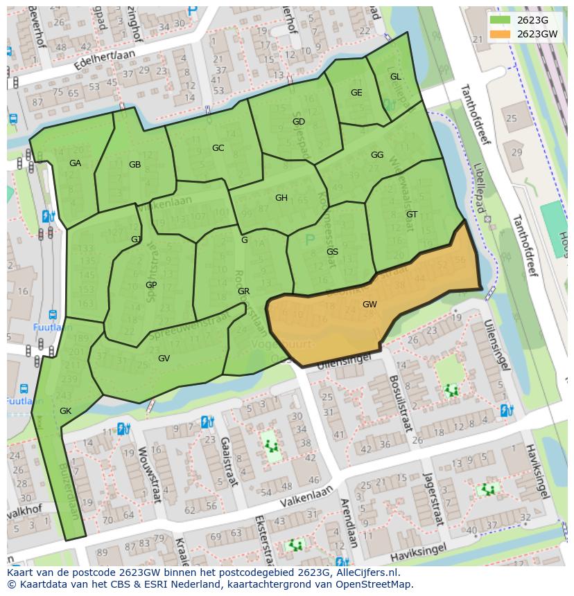 Afbeelding van het postcodegebied 2623 GW op de kaart.