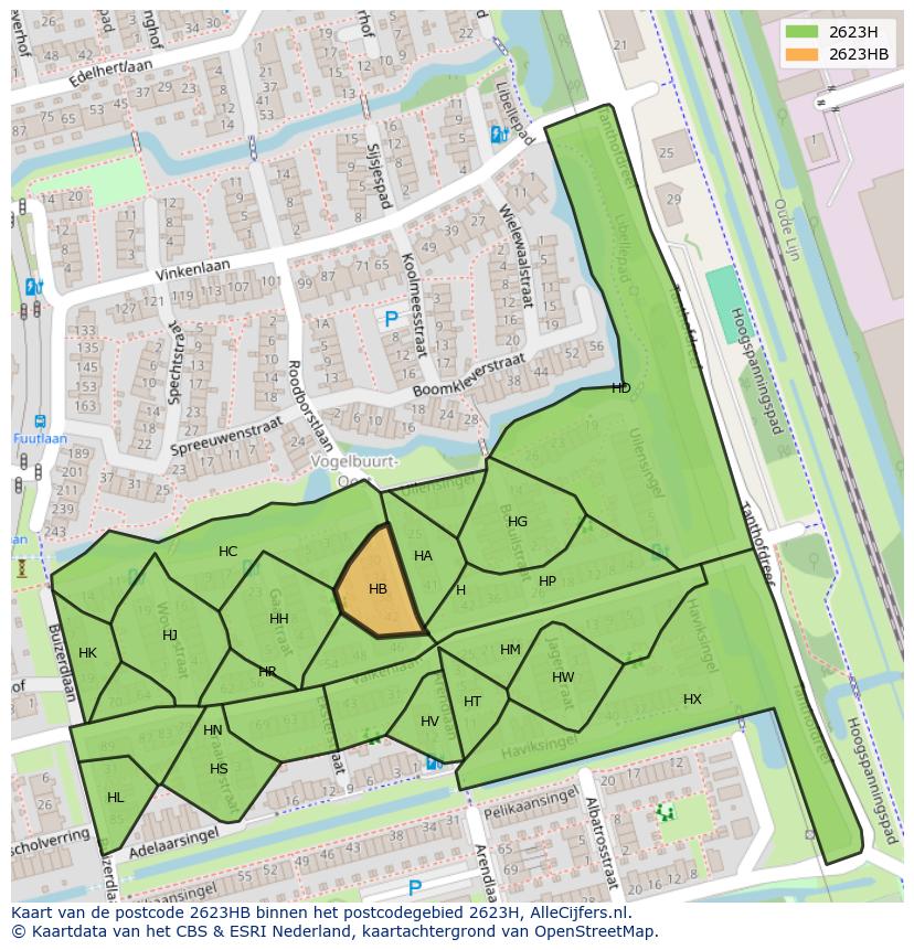Afbeelding van het postcodegebied 2623 HB op de kaart.