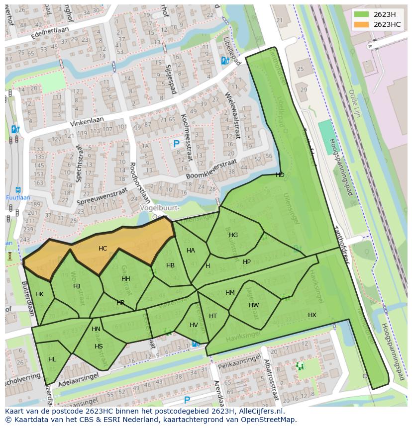 Afbeelding van het postcodegebied 2623 HC op de kaart.