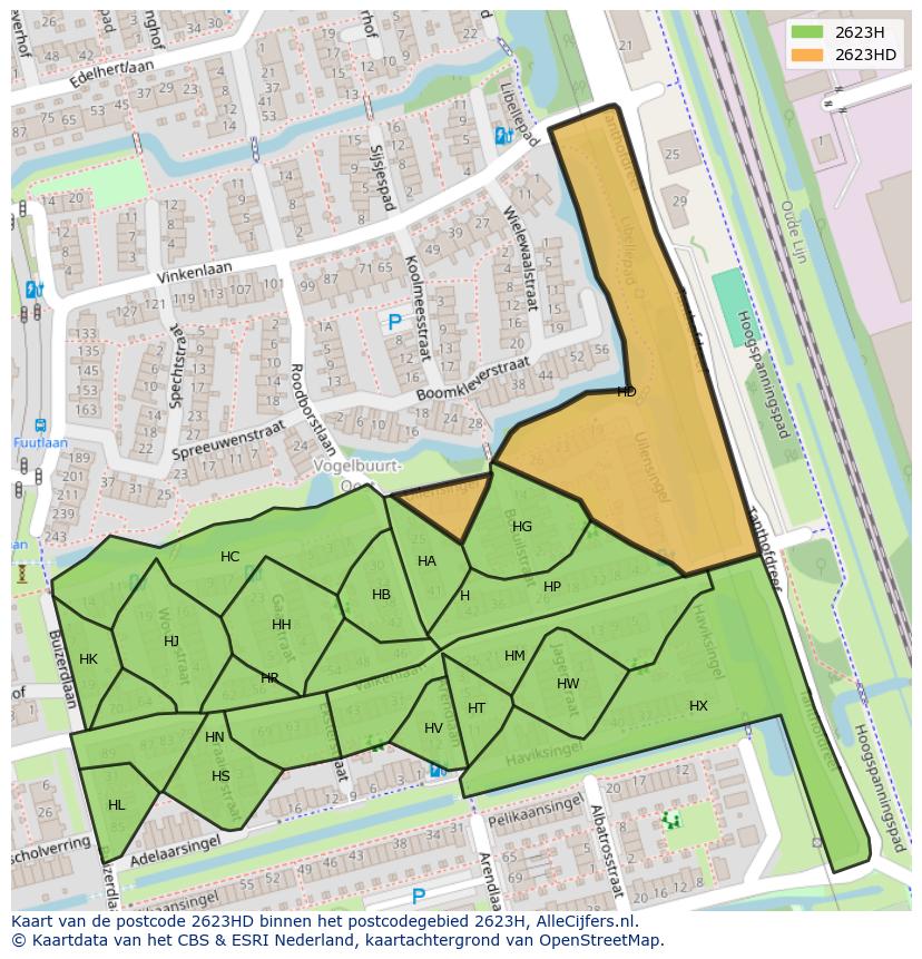 Afbeelding van het postcodegebied 2623 HD op de kaart.