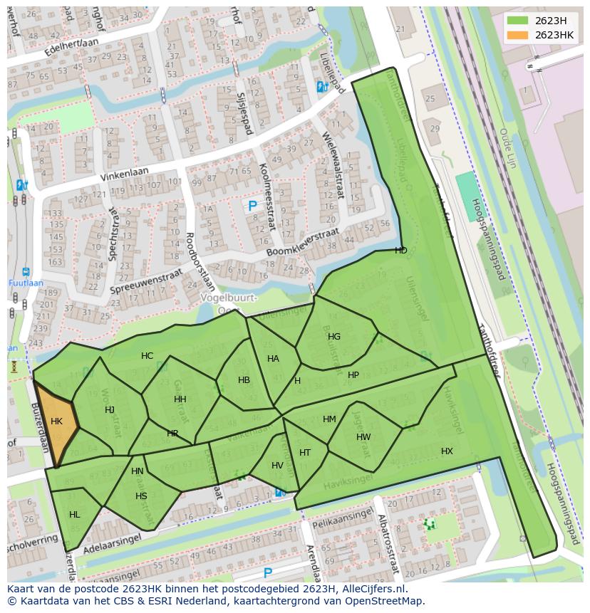 Afbeelding van het postcodegebied 2623 HK op de kaart.