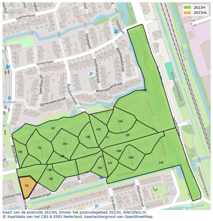 Afbeelding van het postcodegebied 2623 HL op de kaart.