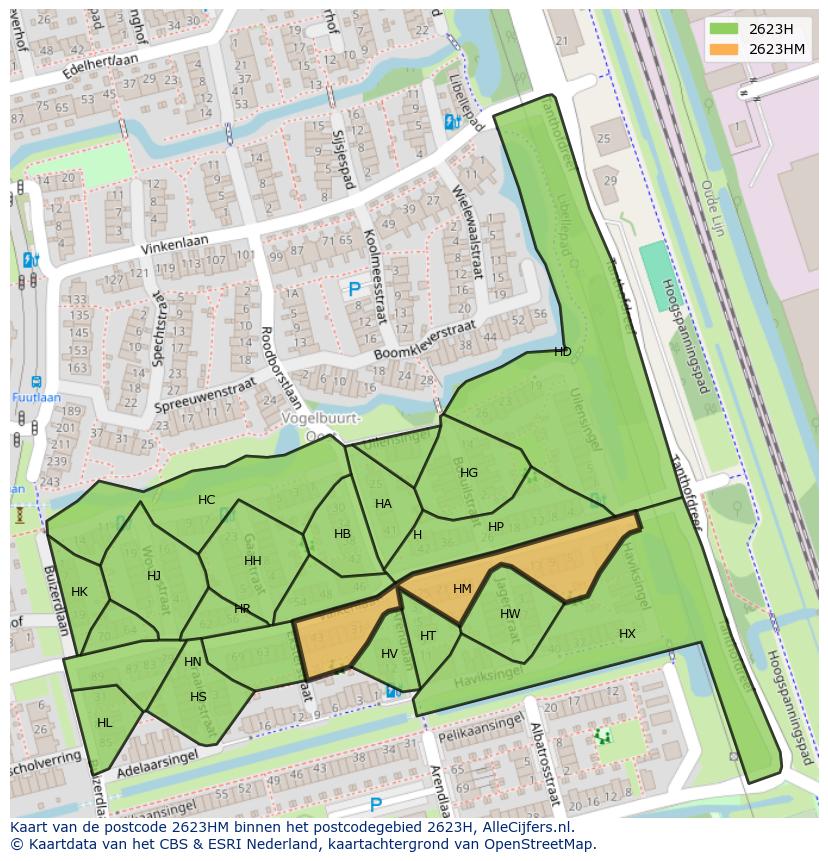Afbeelding van het postcodegebied 2623 HM op de kaart.
