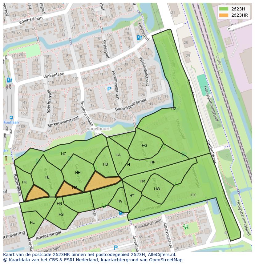 Afbeelding van het postcodegebied 2623 HR op de kaart.