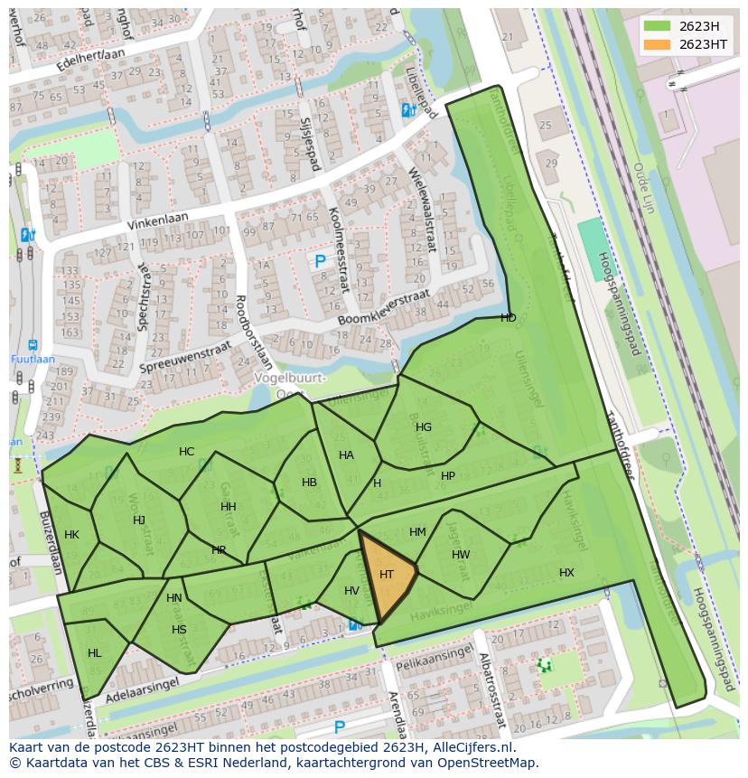 Afbeelding van het postcodegebied 2623 HT op de kaart.