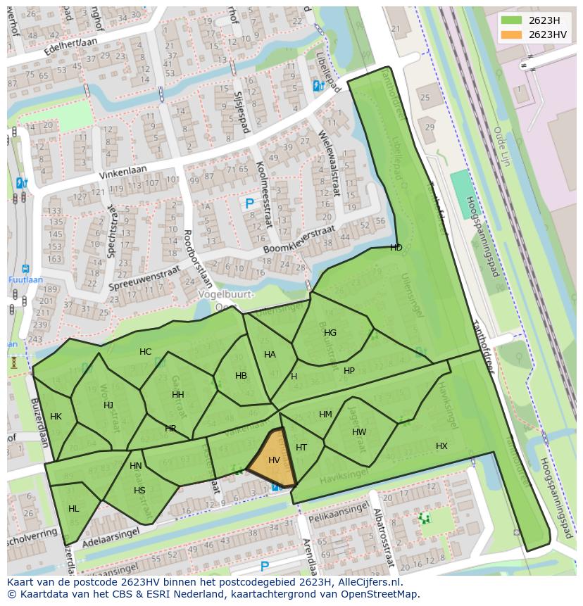 Afbeelding van het postcodegebied 2623 HV op de kaart.