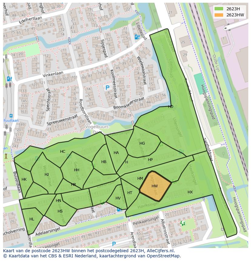 Afbeelding van het postcodegebied 2623 HW op de kaart.