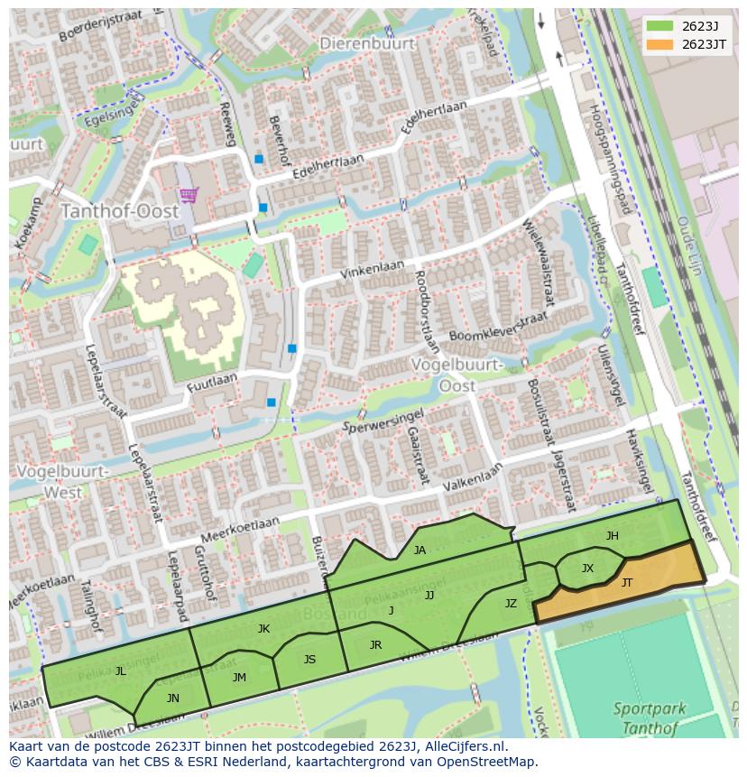 Afbeelding van het postcodegebied 2623 JT op de kaart.