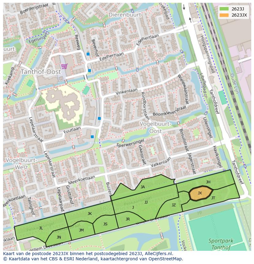 Afbeelding van het postcodegebied 2623 JX op de kaart.