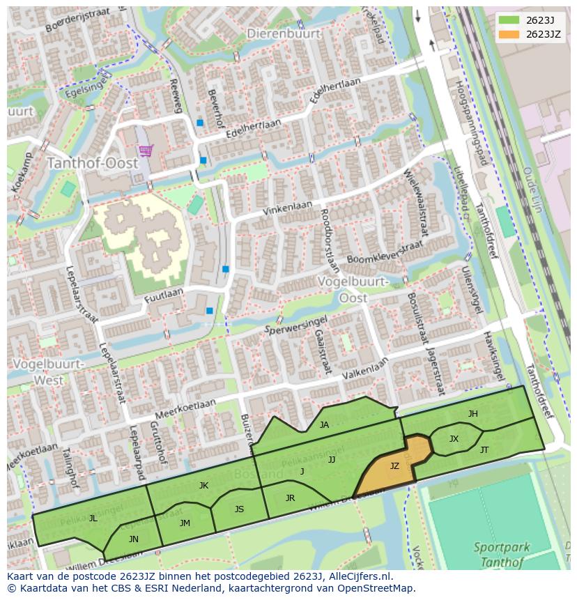Afbeelding van het postcodegebied 2623 JZ op de kaart.