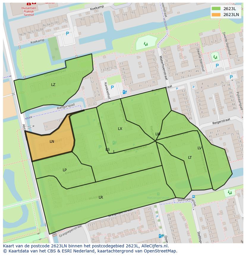 Afbeelding van het postcodegebied 2623 LN op de kaart.