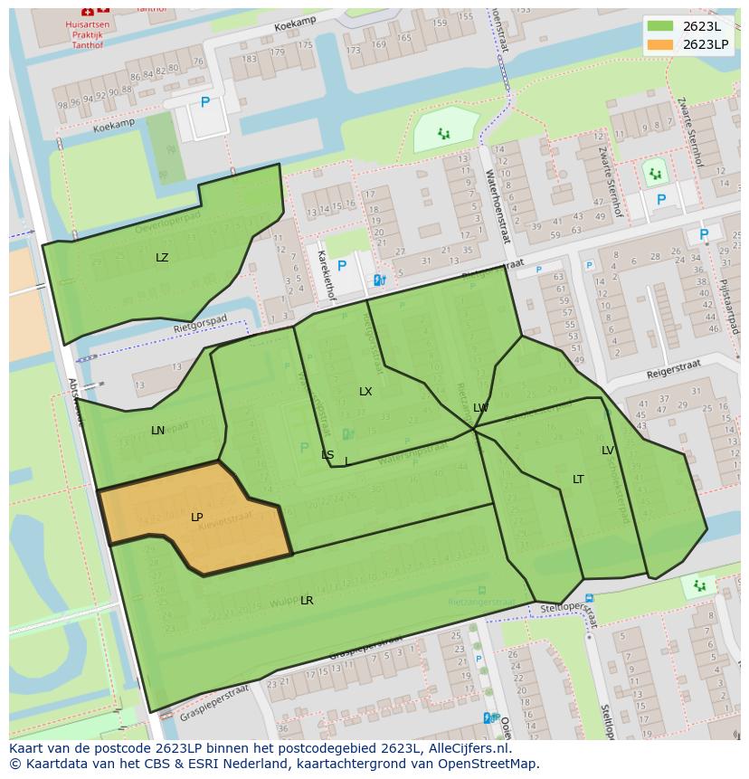 Afbeelding van het postcodegebied 2623 LP op de kaart.