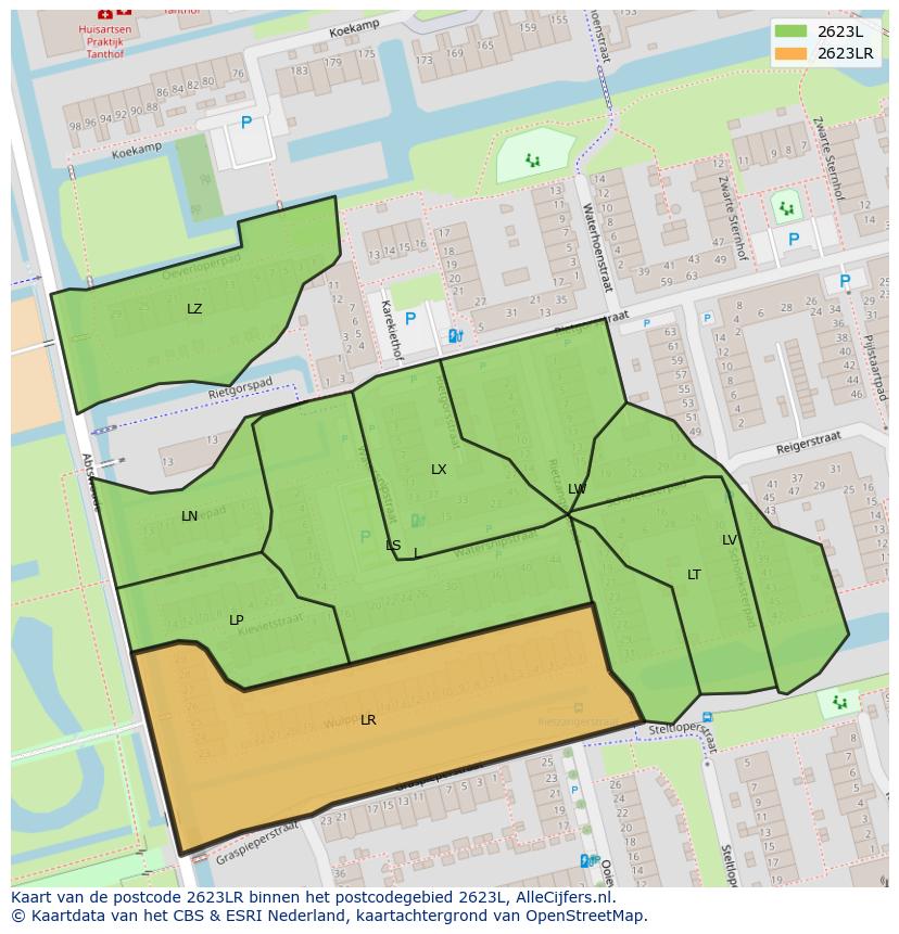 Afbeelding van het postcodegebied 2623 LR op de kaart.