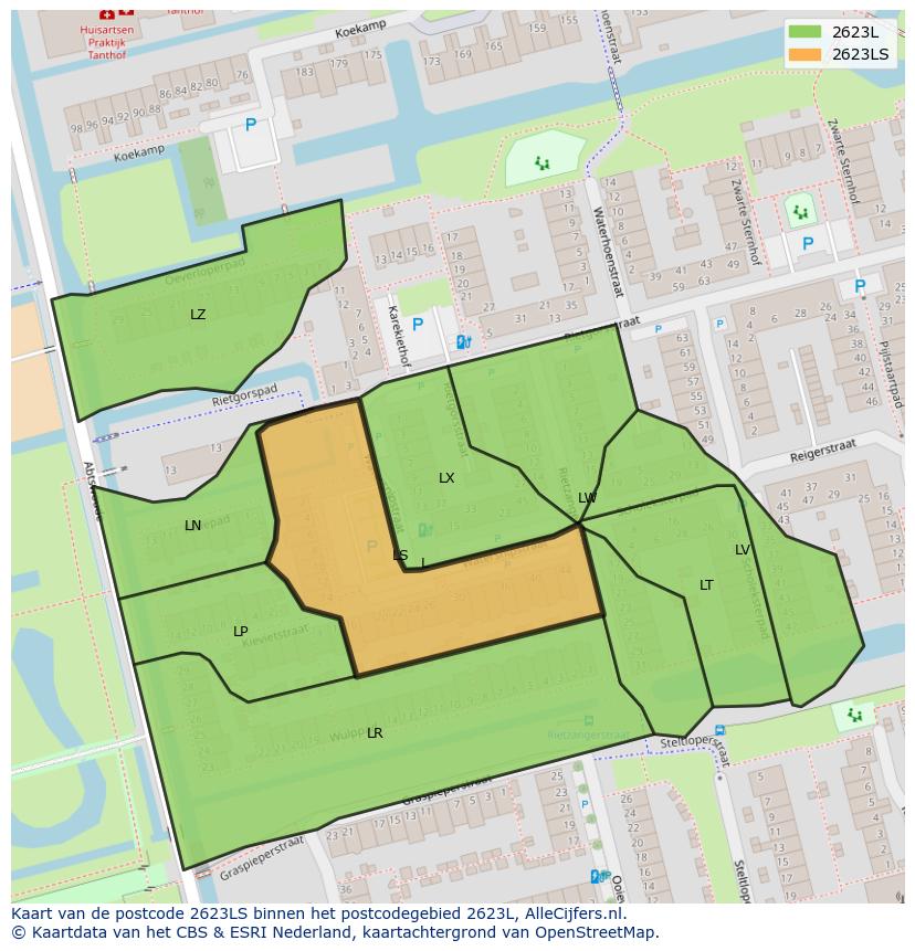 Afbeelding van het postcodegebied 2623 LS op de kaart.