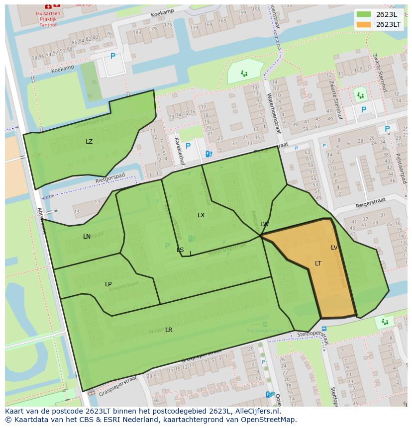 Afbeelding van het postcodegebied 2623 LT op de kaart.