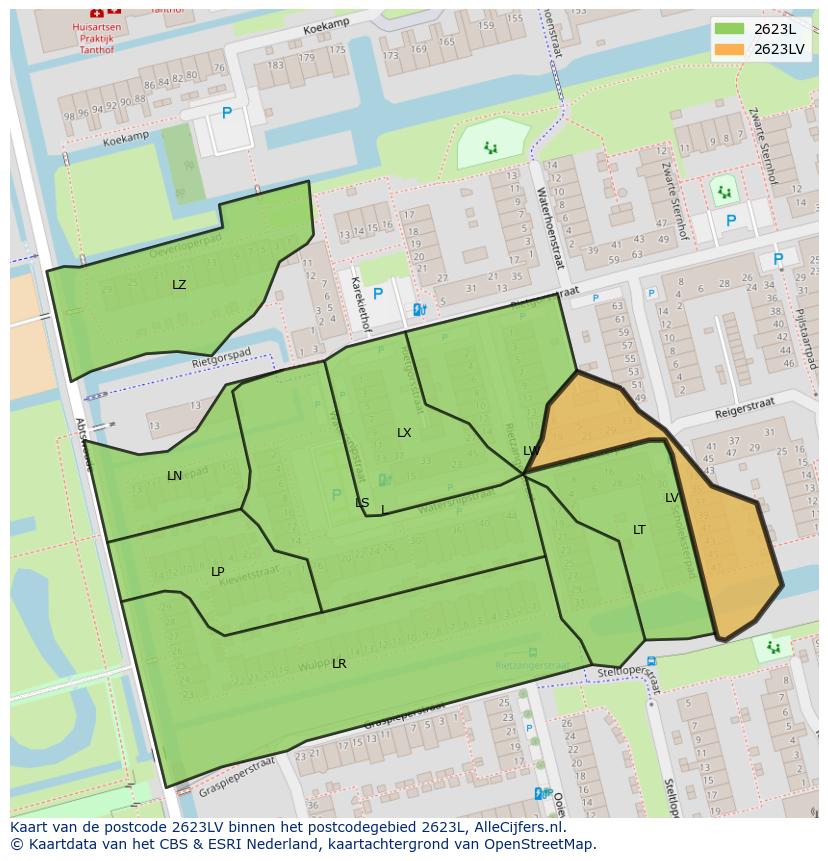 Afbeelding van het postcodegebied 2623 LV op de kaart.