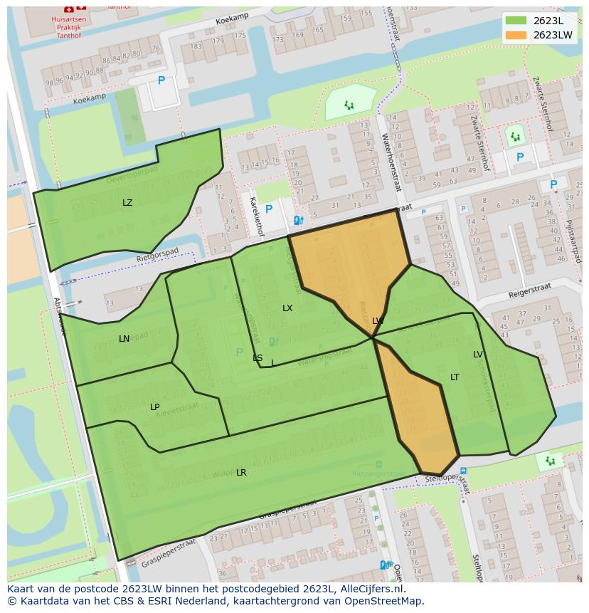 Afbeelding van het postcodegebied 2623 LW op de kaart.