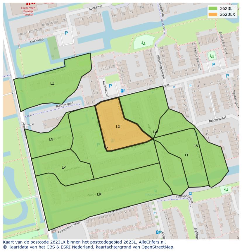 Afbeelding van het postcodegebied 2623 LX op de kaart.