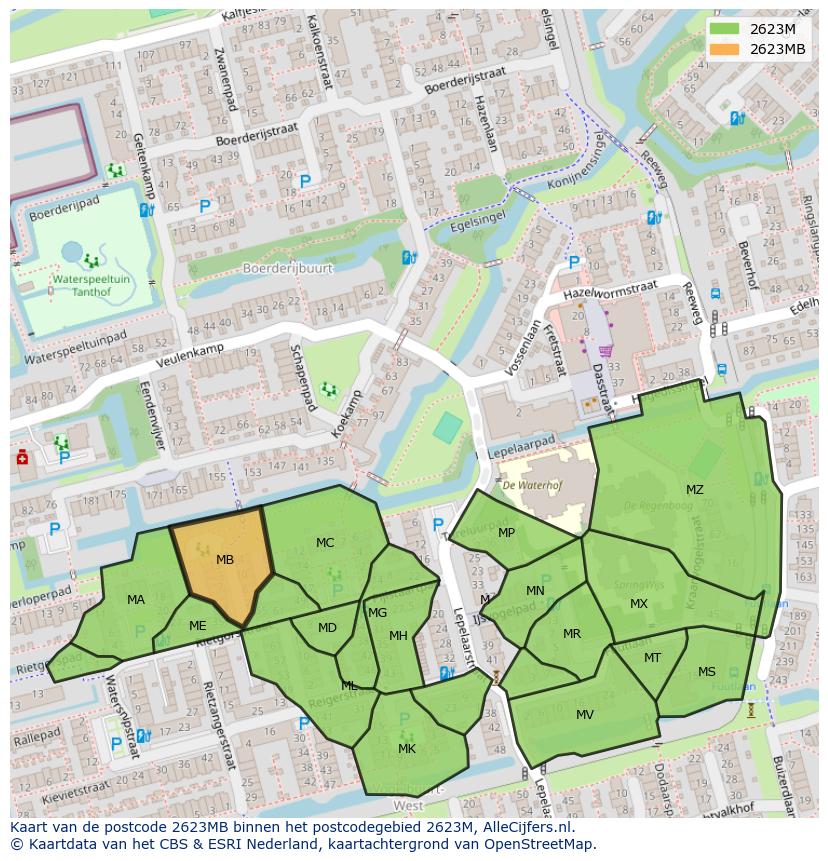 Afbeelding van het postcodegebied 2623 MB op de kaart.