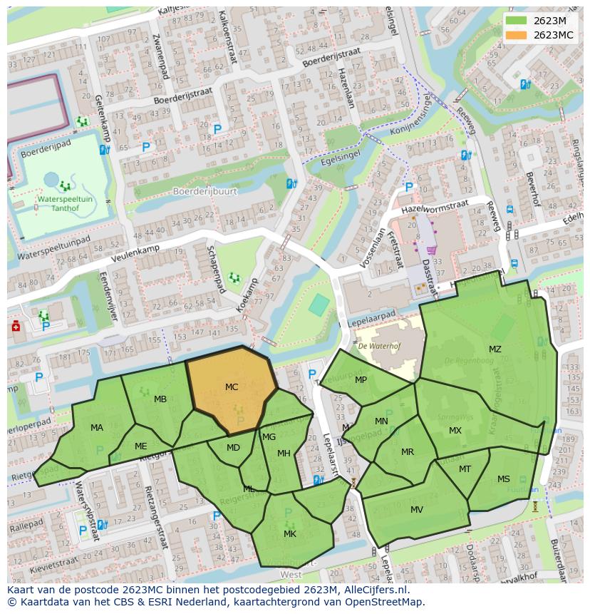 Afbeelding van het postcodegebied 2623 MC op de kaart.
