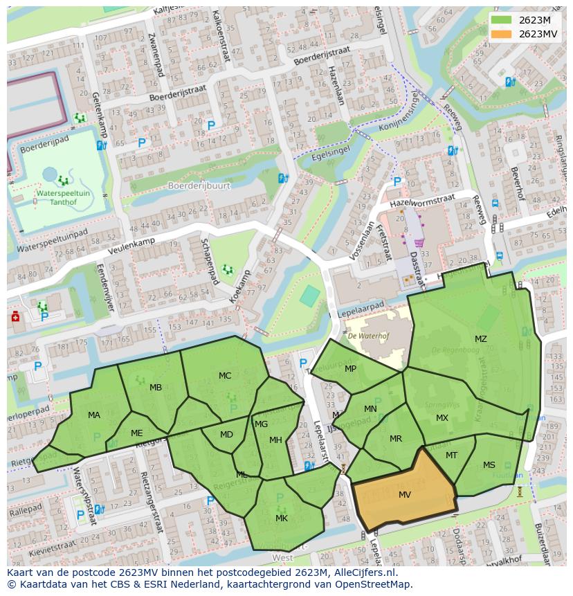 Afbeelding van het postcodegebied 2623 MV op de kaart.