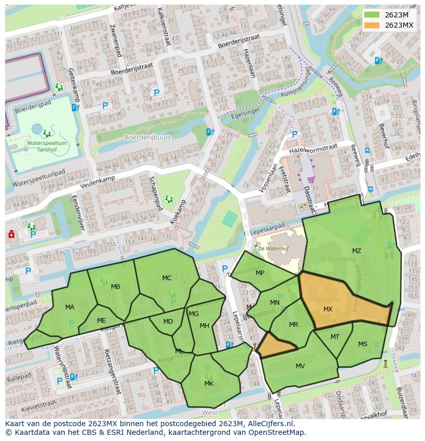 Afbeelding van het postcodegebied 2623 MX op de kaart.