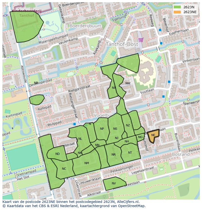Afbeelding van het postcodegebied 2623 NE op de kaart.