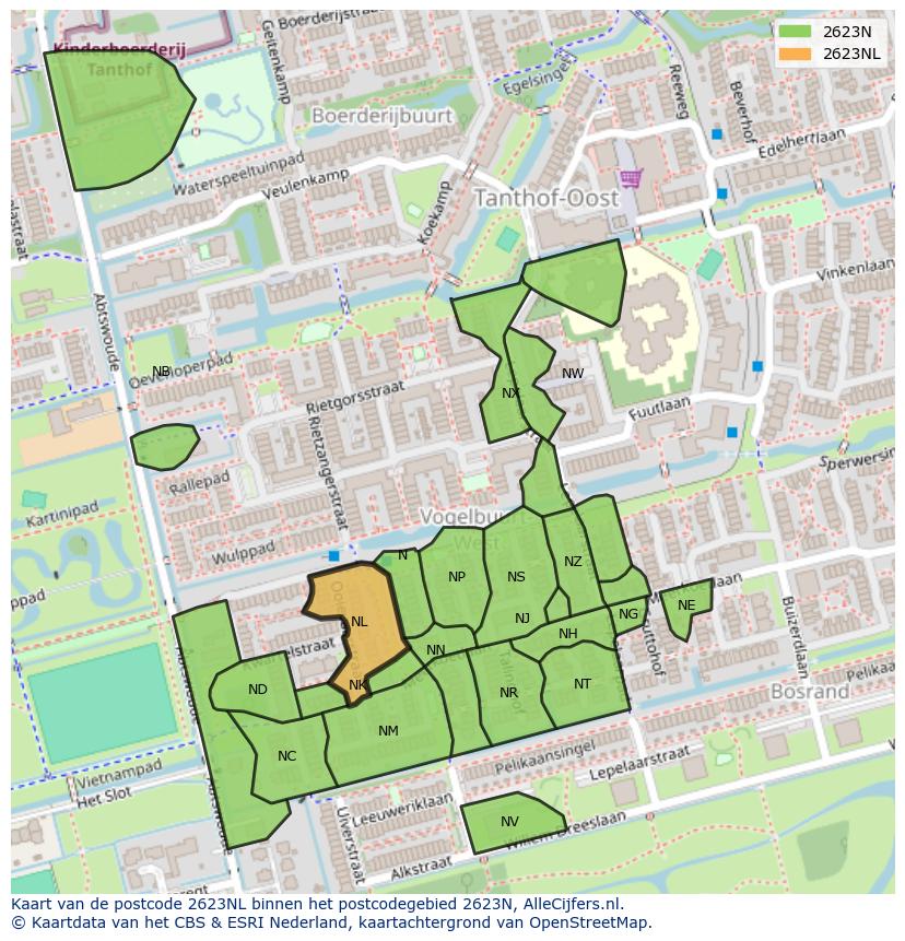 Afbeelding van het postcodegebied 2623 NL op de kaart.