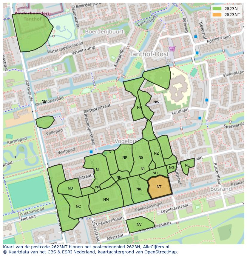 Afbeelding van het postcodegebied 2623 NT op de kaart.