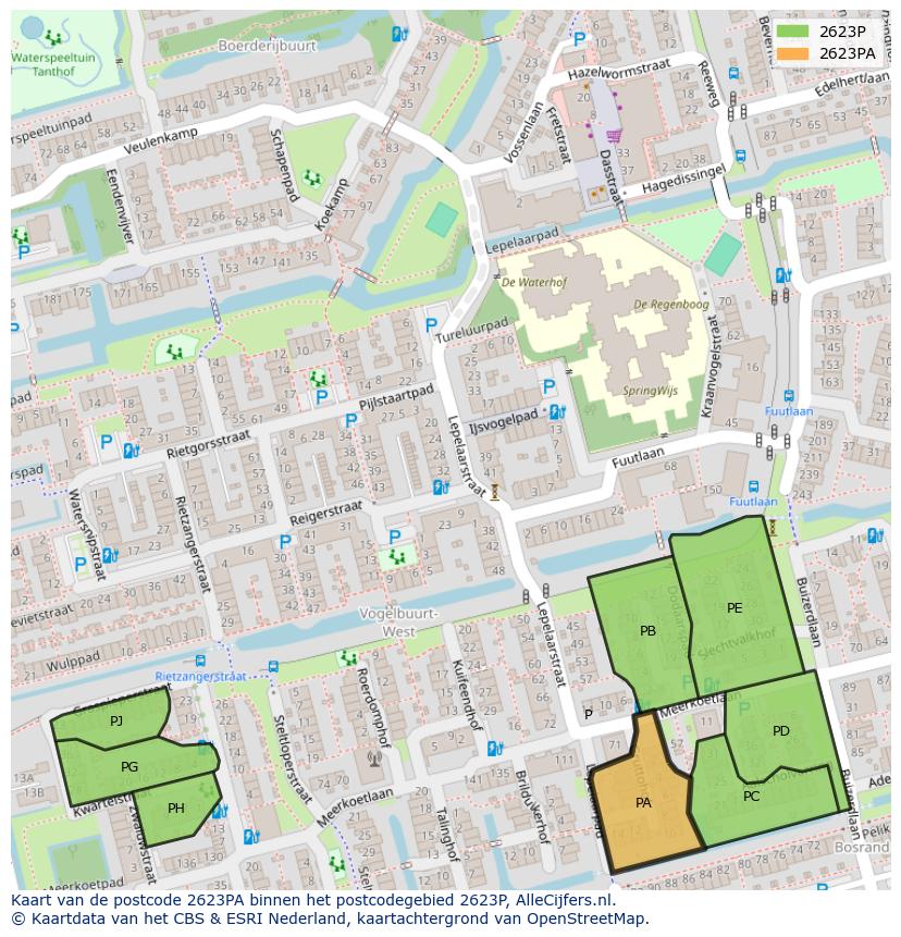 Afbeelding van het postcodegebied 2623 PA op de kaart.