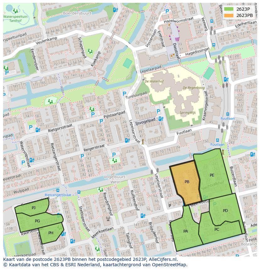 Afbeelding van het postcodegebied 2623 PB op de kaart.